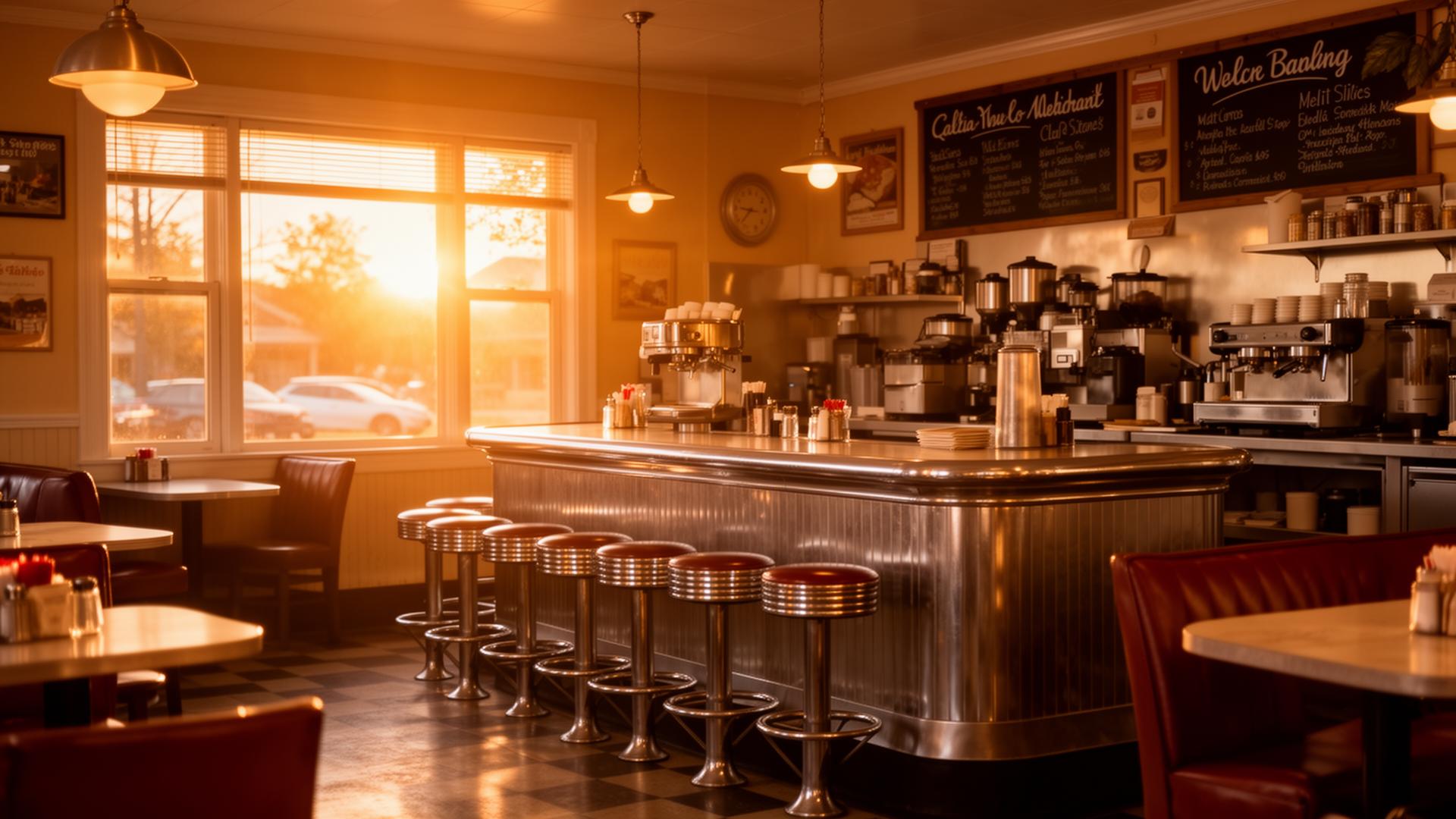 Sunrise Luncheonette interior with warm morning light pouring over the counter